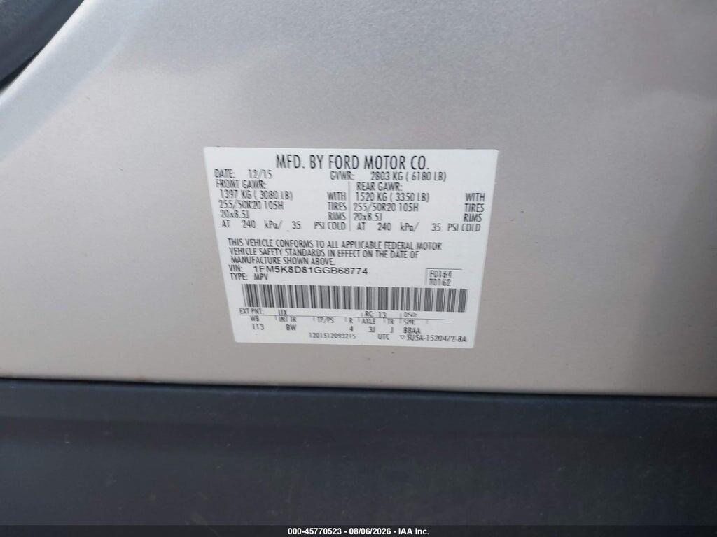 1FM5K8D81GGB68774 2016 FORD EXPLORER photo no. 9