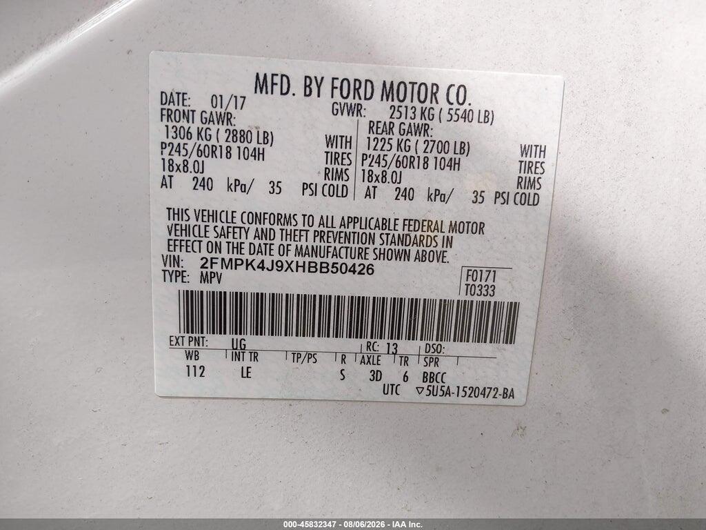 2FMPK4J9XHBB50426 2017 FORD EDGE photo no. 9