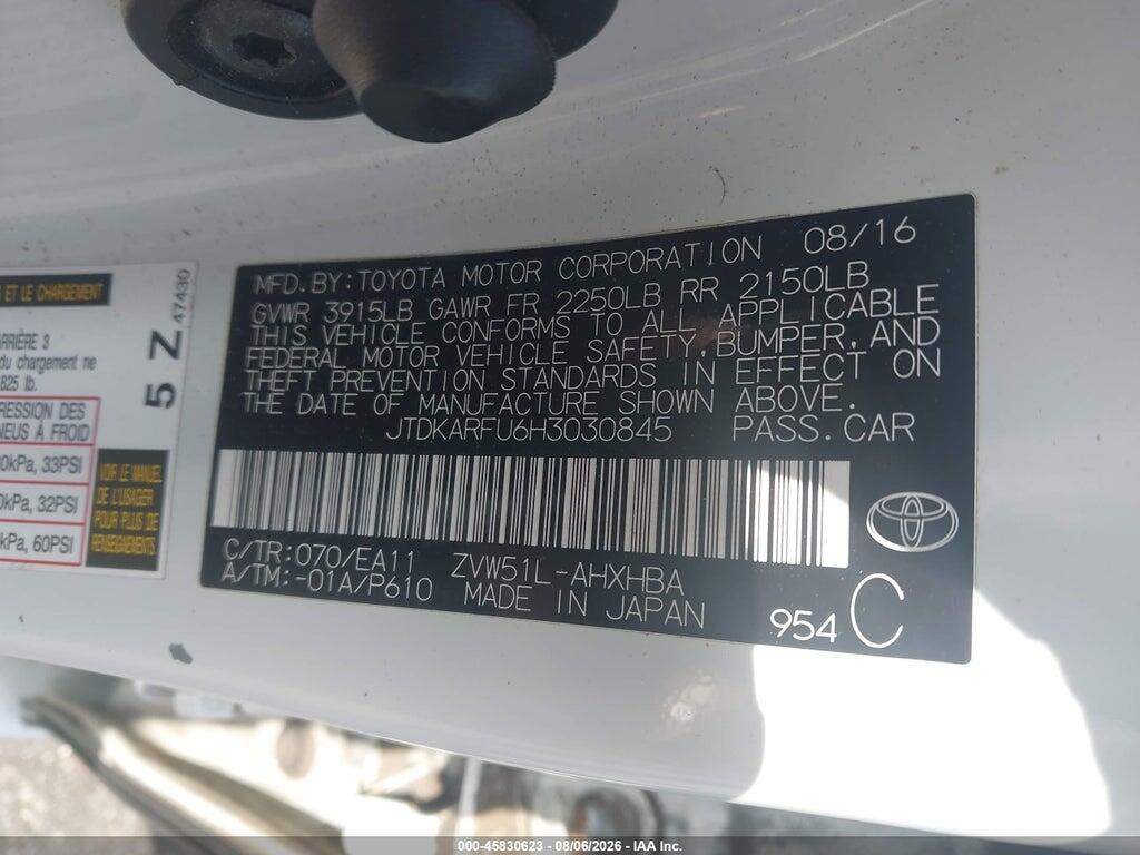 JTDKARFU6H3030845 2017 TOYOTA PRIUS photo no. 9