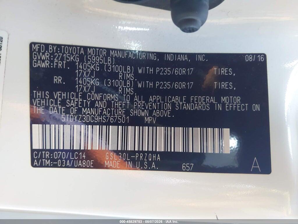 5TDYZ3DC9HS767501 2017 TOYOTA SIENNA photo no. 9