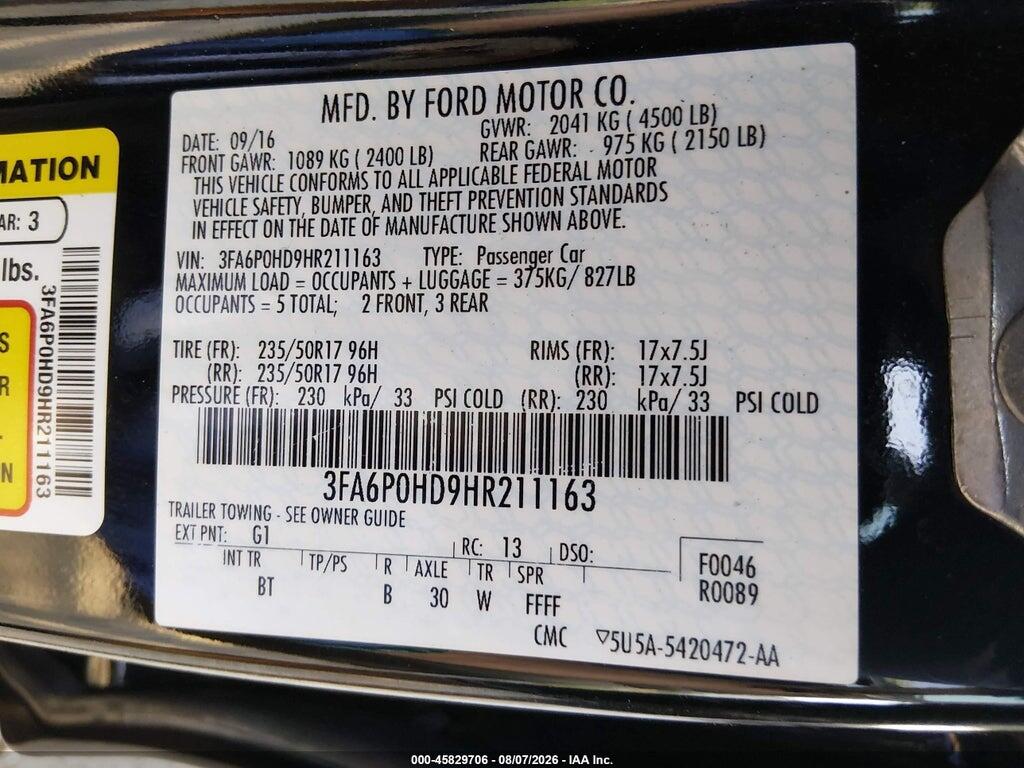 3FA6P0HD9HR211163 2017 FORD FUSION photo no. 9