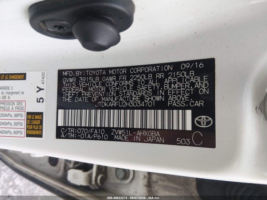 JTDKARFU2H3034701 2017 TOYOTA PRIUS photo no. 9