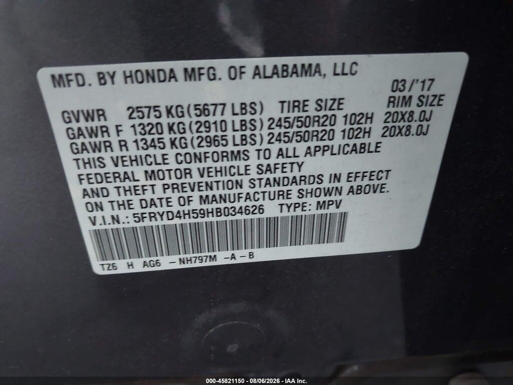 5FRYD4H59HB034626 2017 ACURA MDX photo no. 9