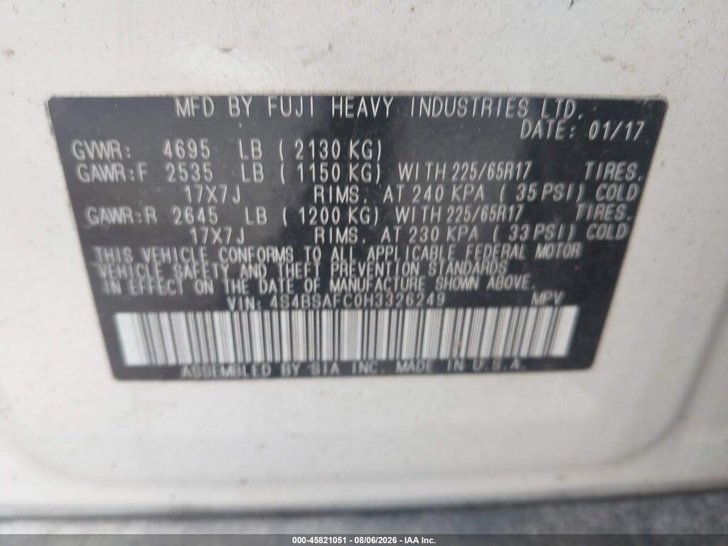 4S4BSAFC0H3326249 2017 SUBARU OUTBACK photo no. 9