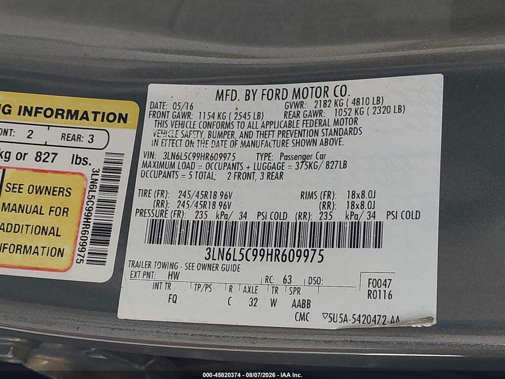 3LN6L5C99HR609975 2017 LINCOLN MKZ photo no. 9