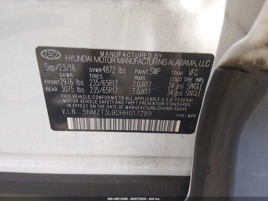 5NMZT3LB0HH017289 2017 HYUNDAI SANTA FE SPORT photo no. 9