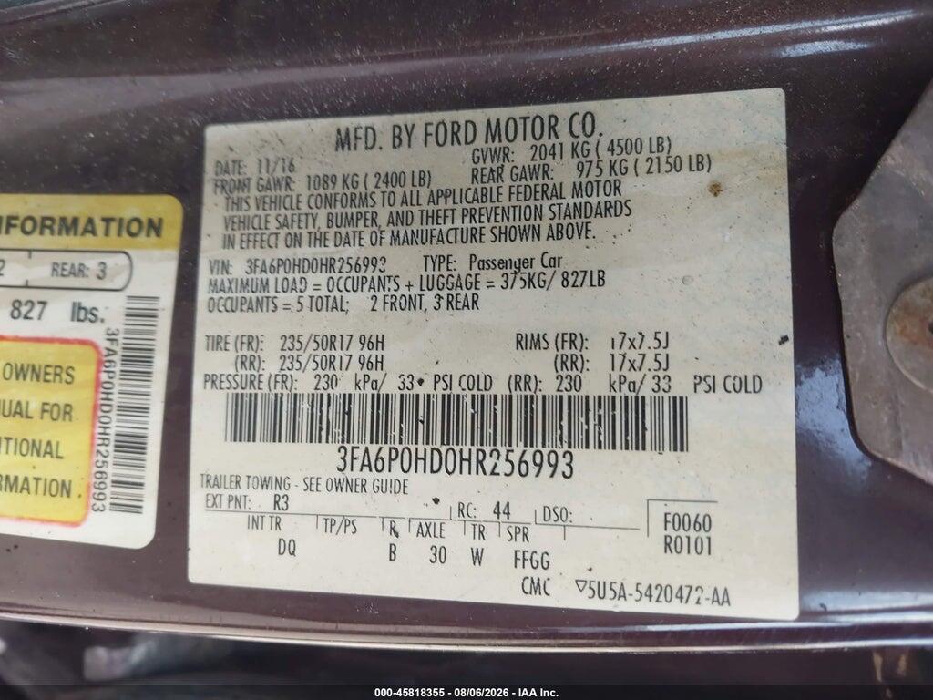 3FA6P0HD0HR256993 2017 FORD FUSION photo no. 9