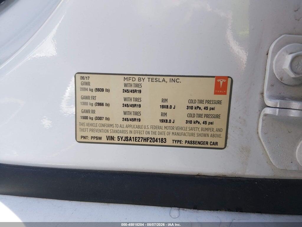 5YJSA1E27HF204183 2017 TESLA MODEL S photo no. 9