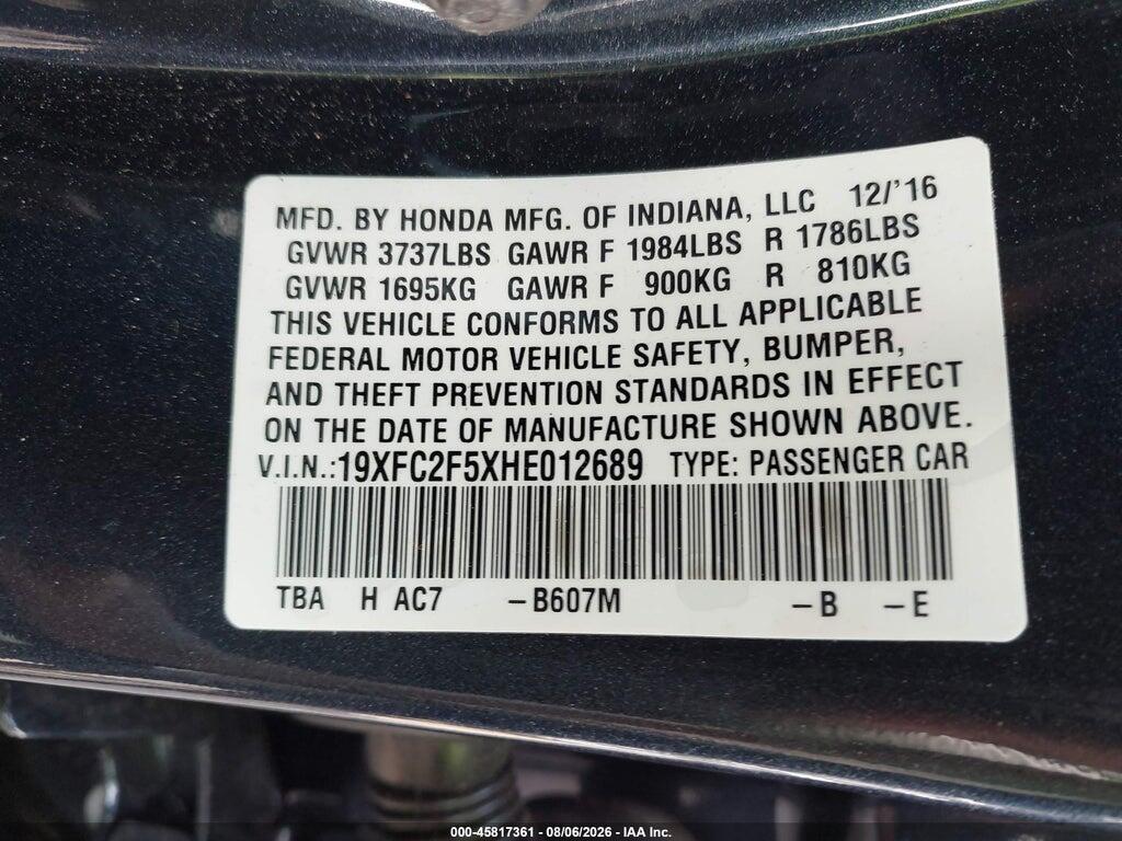 19XFC2F5XHE012689 2017 HONDA CIVIC photo no. 9