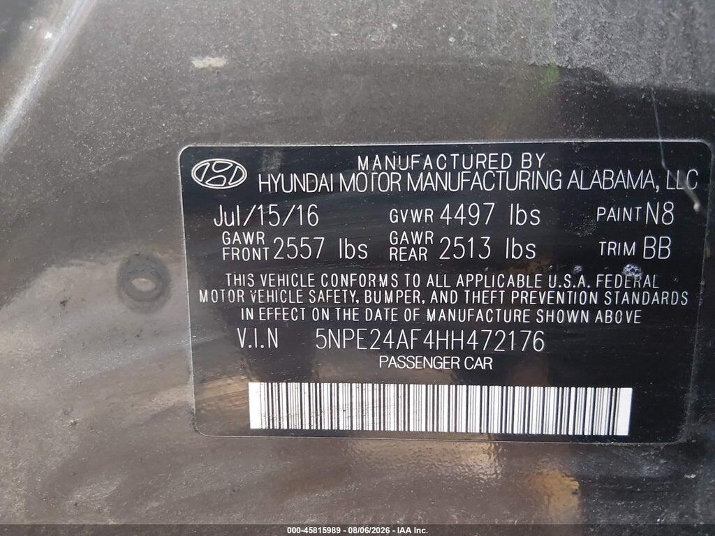 5NPE24AF4HH472176 2017 HYUNDAI SONATA photo no. 9