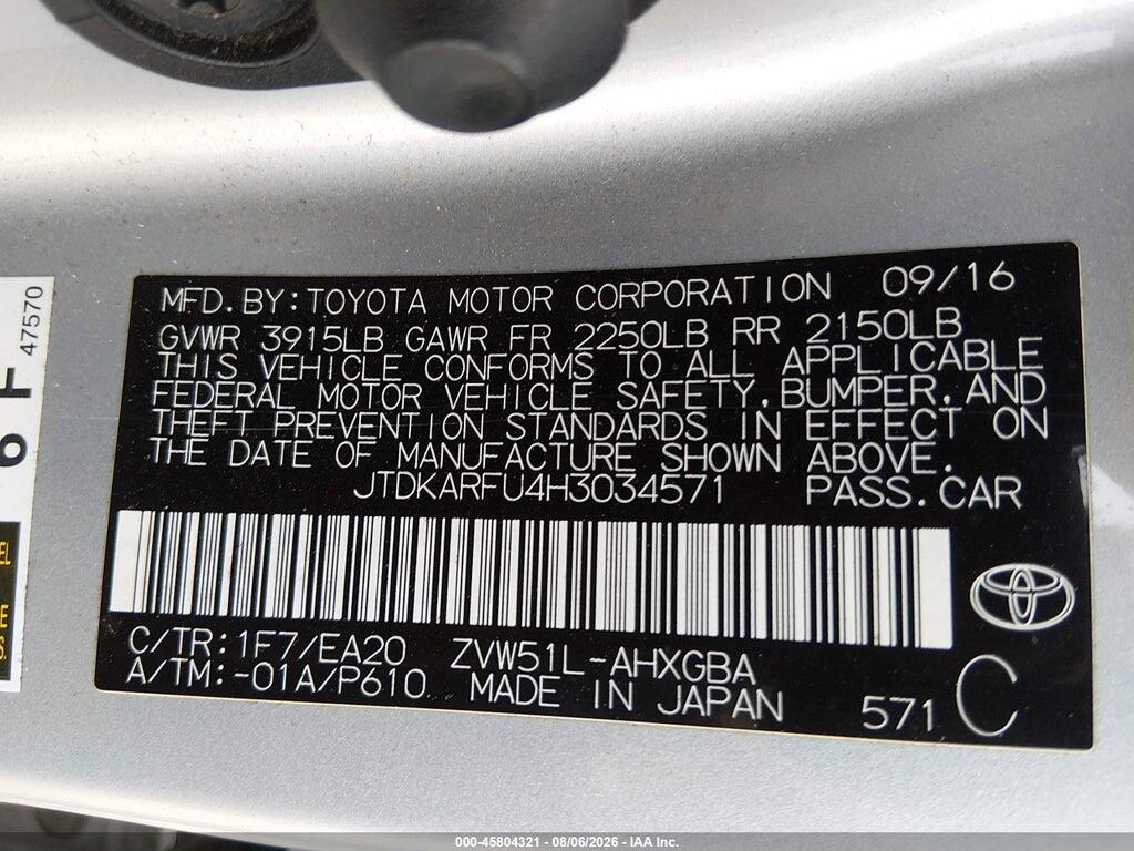 JTDKARFU4H3034571 2017 TOYOTA PRIUS photo no. 9