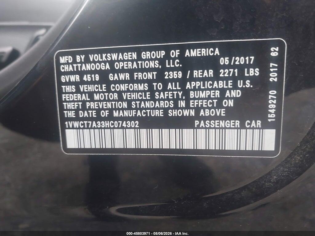 1VWCT7A33HC074302 2017 VOLKSWAGEN PASSAT photo no. 9