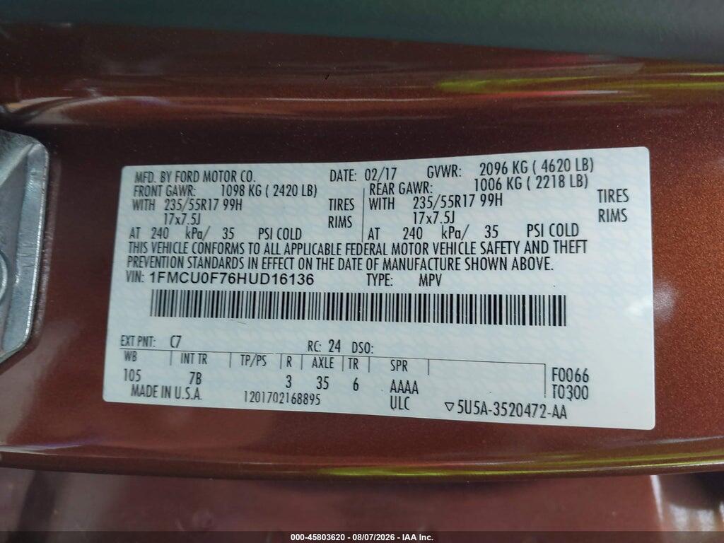 1FMCU0F76HUD16136 2017 FORD ESCAPE photo no. 9