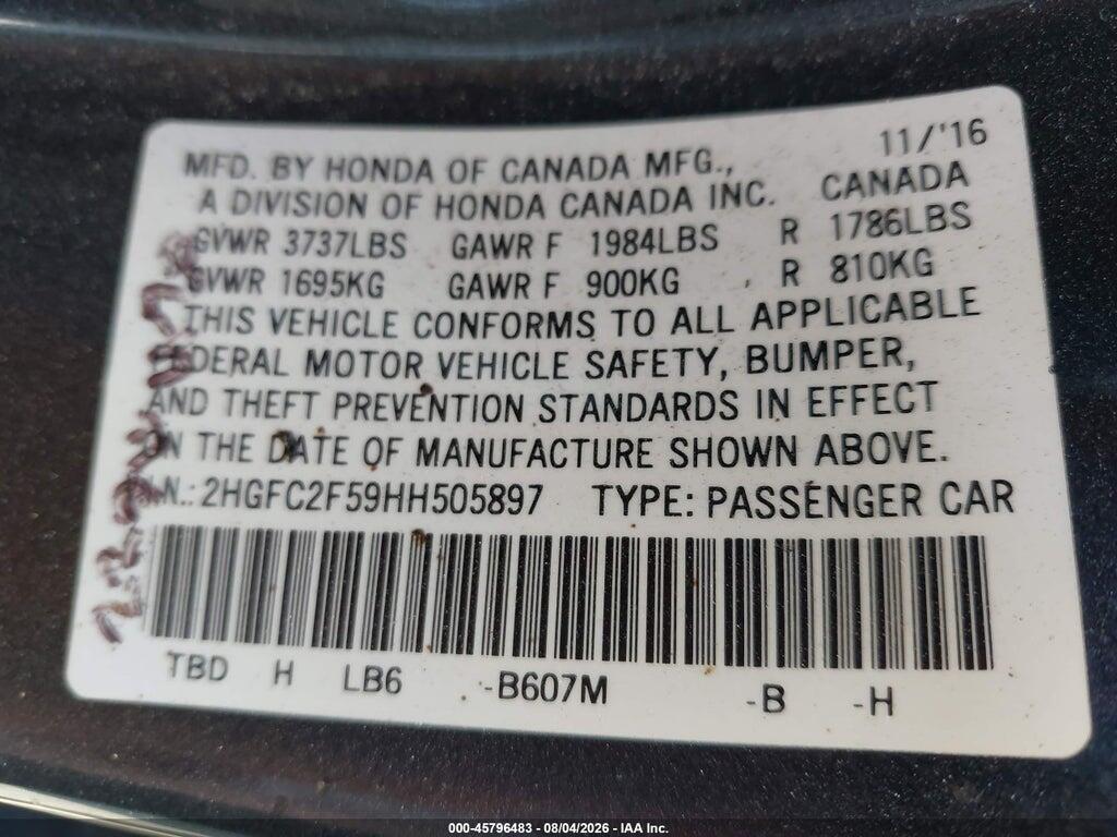 2HGFC2F59HH505897 2017 HONDA CIVIC photo no. 9