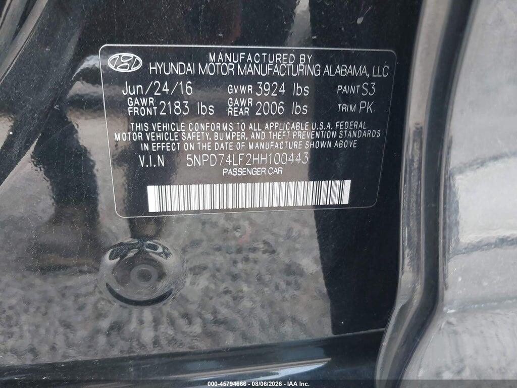 5NPD74LF2HH100443 2017 HYUNDAI ELANTRA photo no. 9