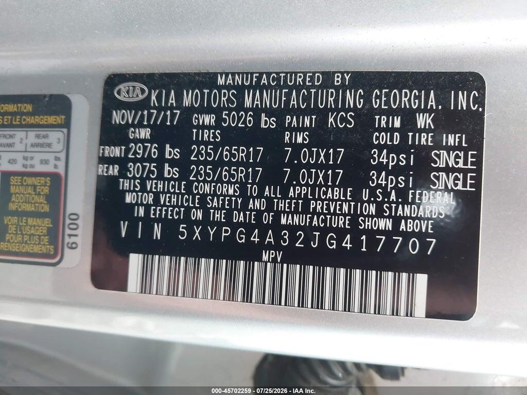 5XYPG4A32JG417707 2018 KIA SORENTO photo no. 9