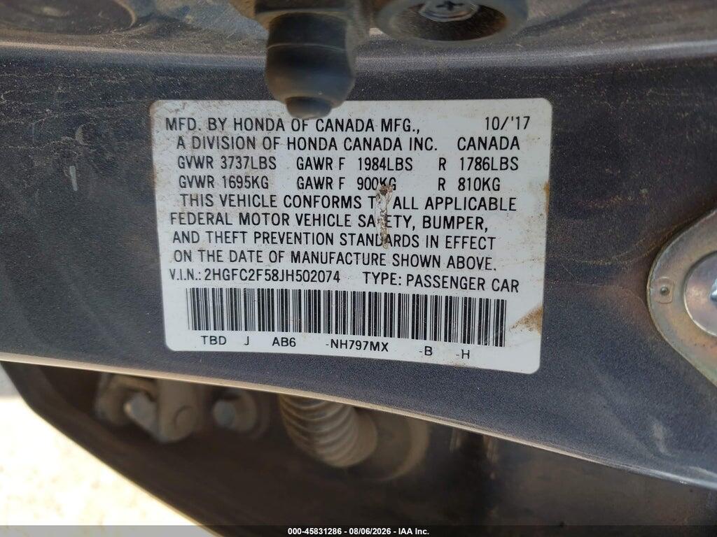 2HGFC2F58JH502074 2018 HONDA CIVIC photo no. 9