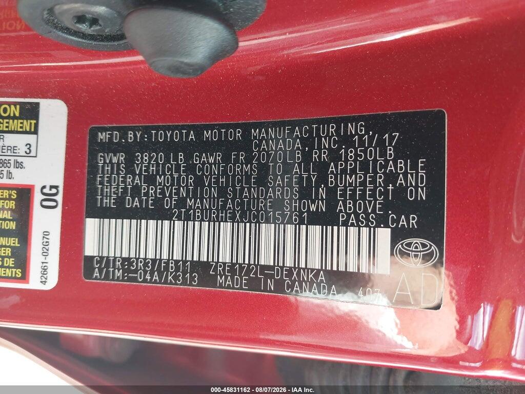 2T1BURHEXJC015761 2018 TOYOTA COROLLA photo no. 9
