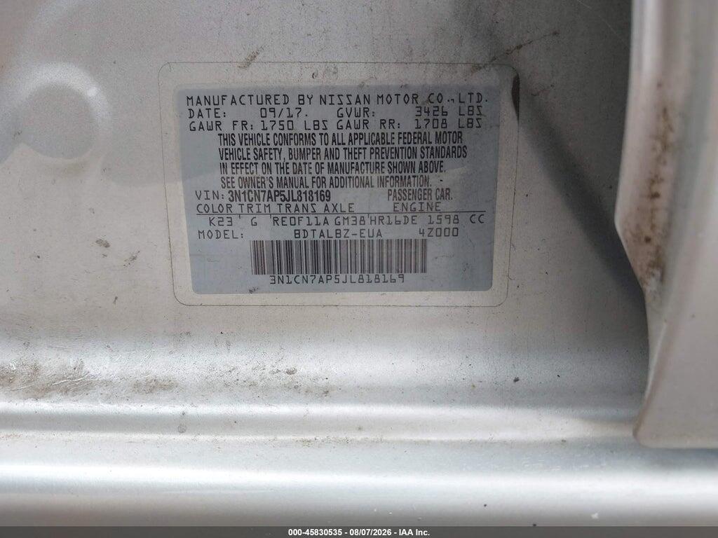 3N1CN7AP5JL818169 2018 NISSAN VERSA photo no. 9