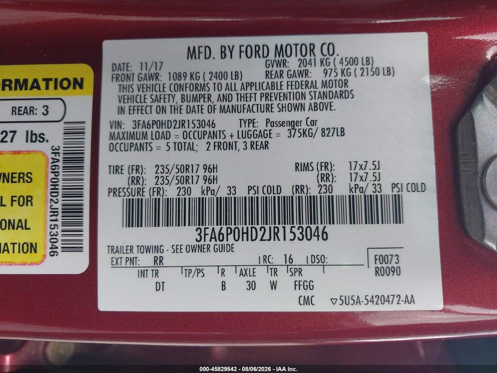 3FA6P0HD2JR153046 2018 FORD FUSION photo no. 9
