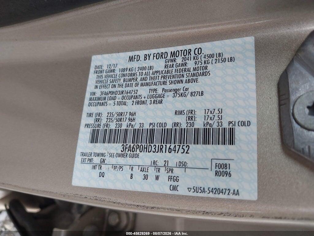 3FA6P0HD3JR164752 2018 FORD FUSION photo no. 9