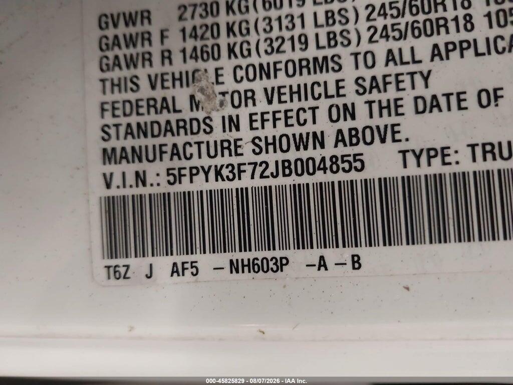 5FPYK3F72JB004855 2018 HONDA RIDGELINE photo no. 9