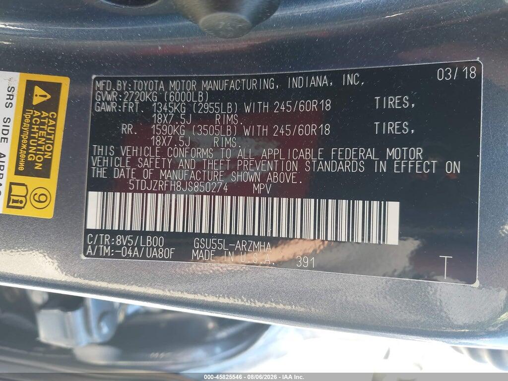 5TDJZRFH8JS850274 2018 TOYOTA HIGHLANDER photo no. 9