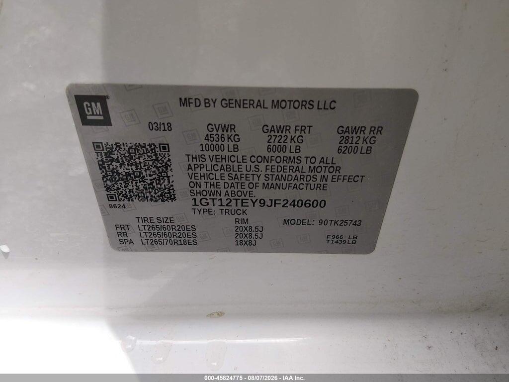 1GT12TEY9JF240600 2018 GMC SIERRA 2500HD photo no. 9
