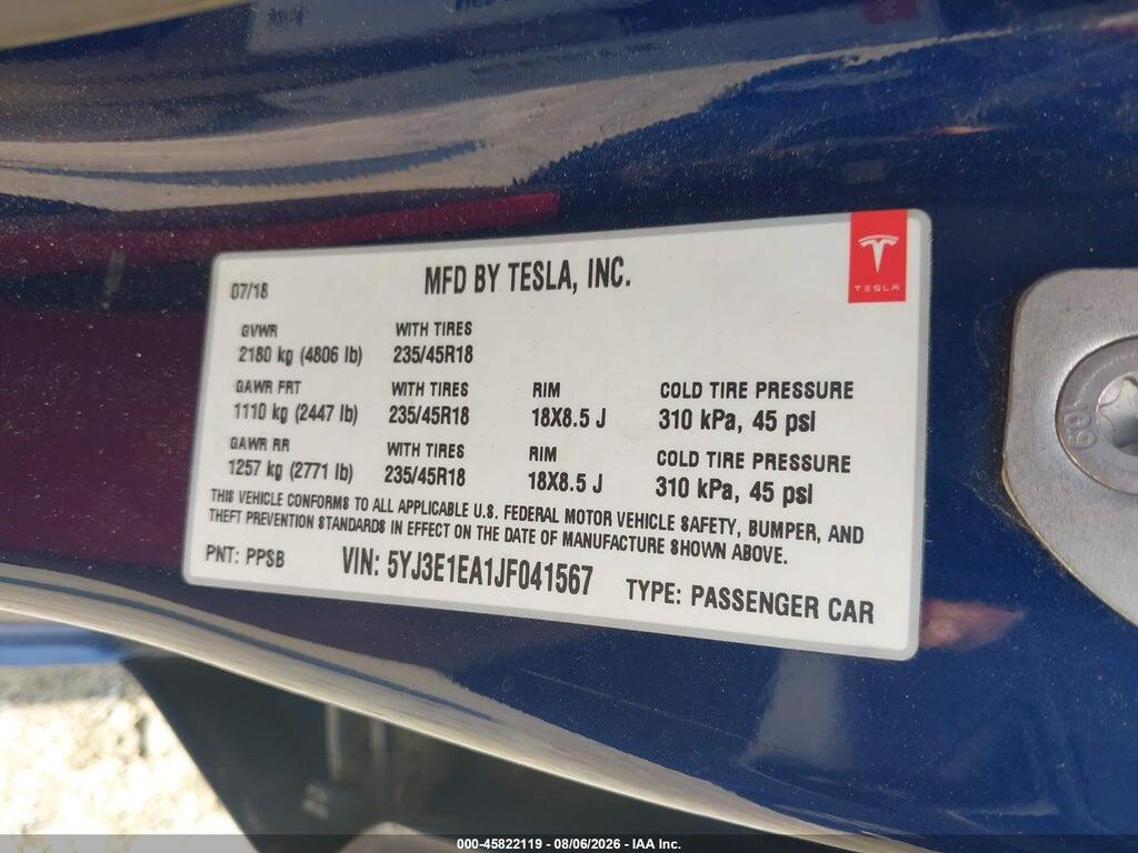 5YJ3E1EA1JF041567 2018 TESLA MODEL 3 photo no. 9