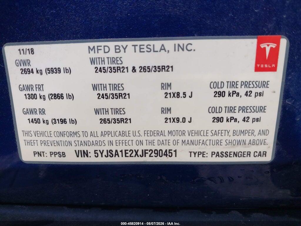 5YJSA1E2XJF290451 2018 TESLA MODEL S photo no. 9