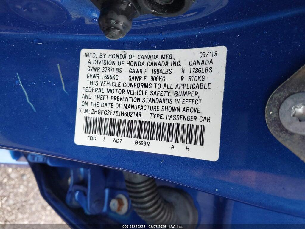 2HGFC2F75JH602148 2018 HONDA CIVIC photo no. 9