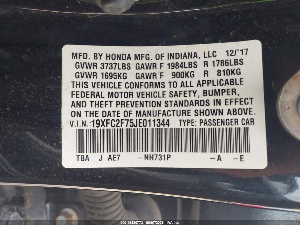 19XFC2F75JE011344 2018 HONDA CIVIC photo no. 9
