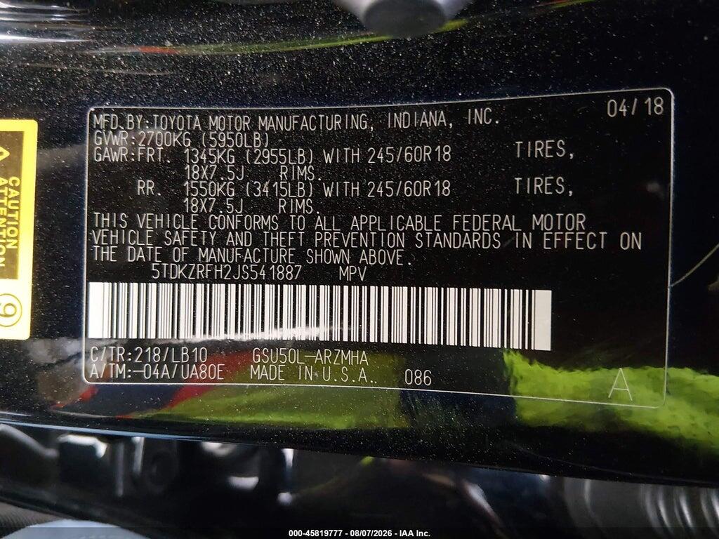 5TDKZRFH2JS541887 2018 TOYOTA HIGHLANDER photo no. 9