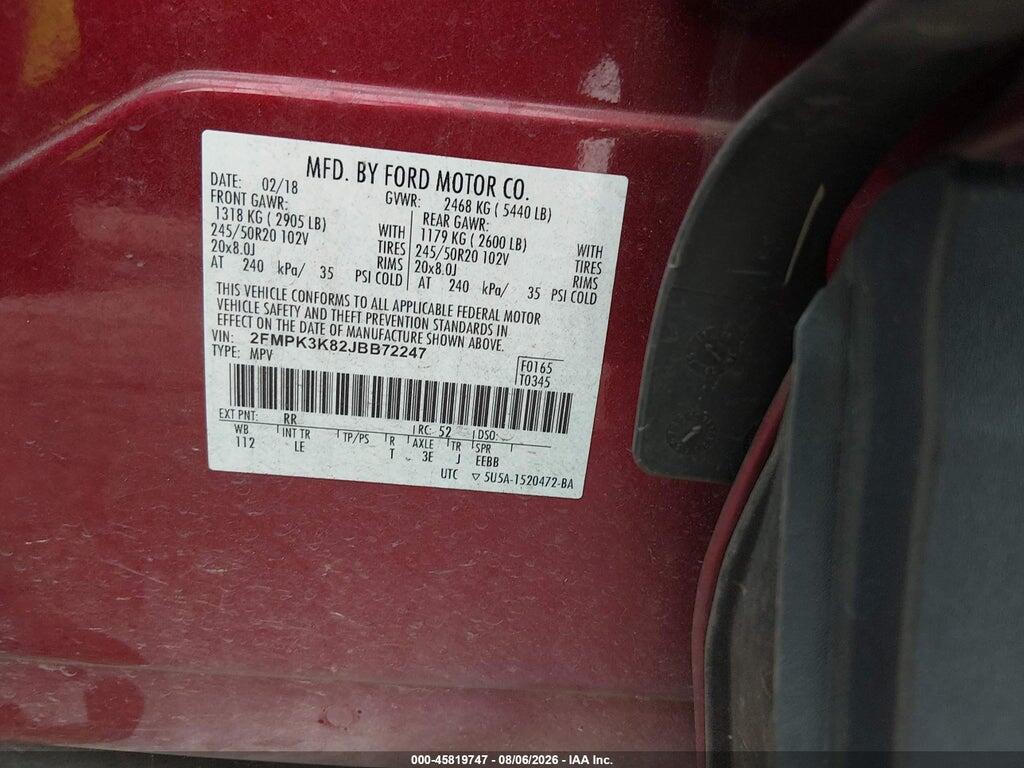 2FMPK3K82JBB72247 2018 FORD EDGE photo no. 9