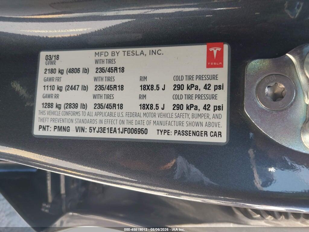 5YJ3E1EA1JF006950 2018 TESLA MODEL 3 photo no. 9