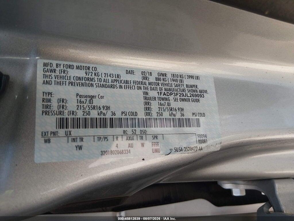 1FADP3F29JL269093 2018 FORD FOCUS photo no. 9