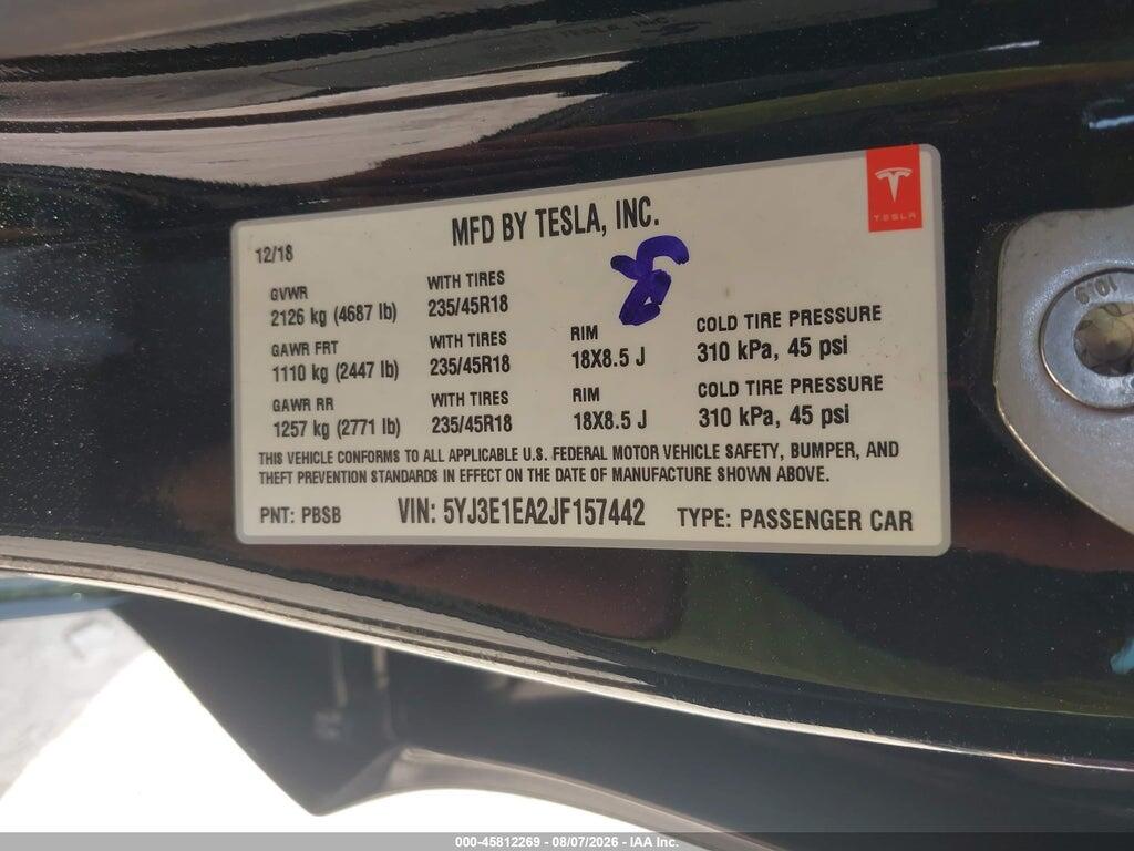 5YJ3E1EA2JF157442 2018 TESLA MODEL 3 photo no. 9