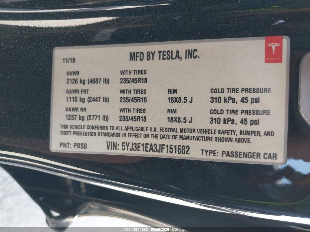 5YJ3E1EA3JF151682 2018 TESLA MODEL 3 photo no. 9