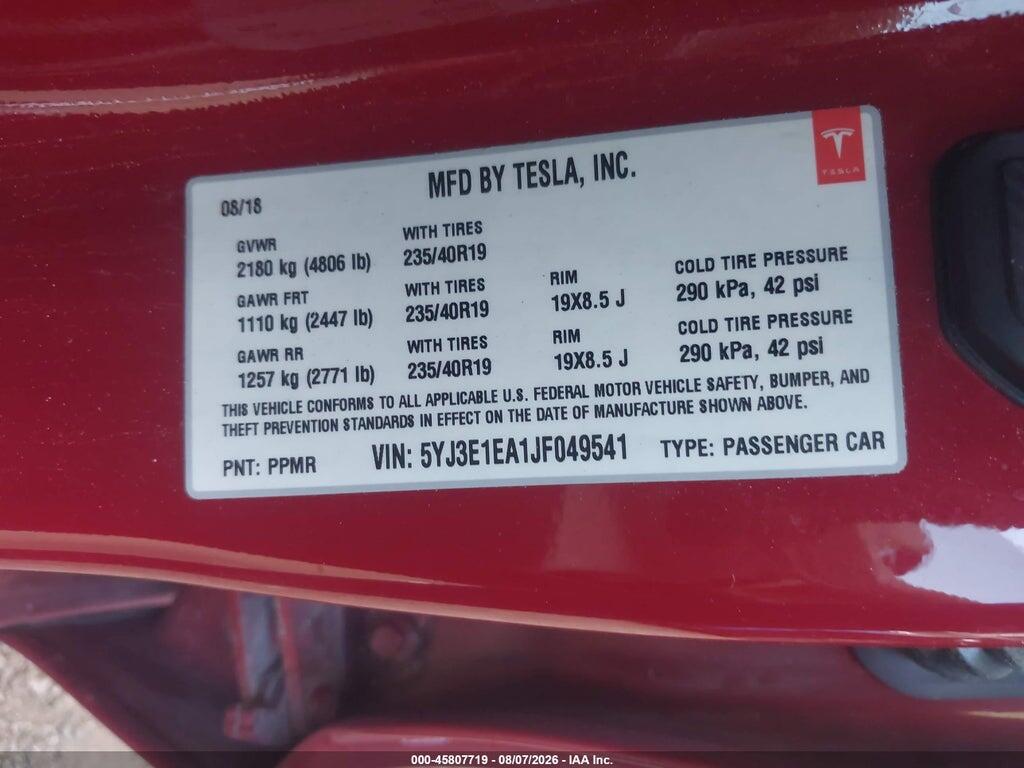 5YJ3E1EA1JF049541 2018 TESLA MODEL 3 photo no. 9