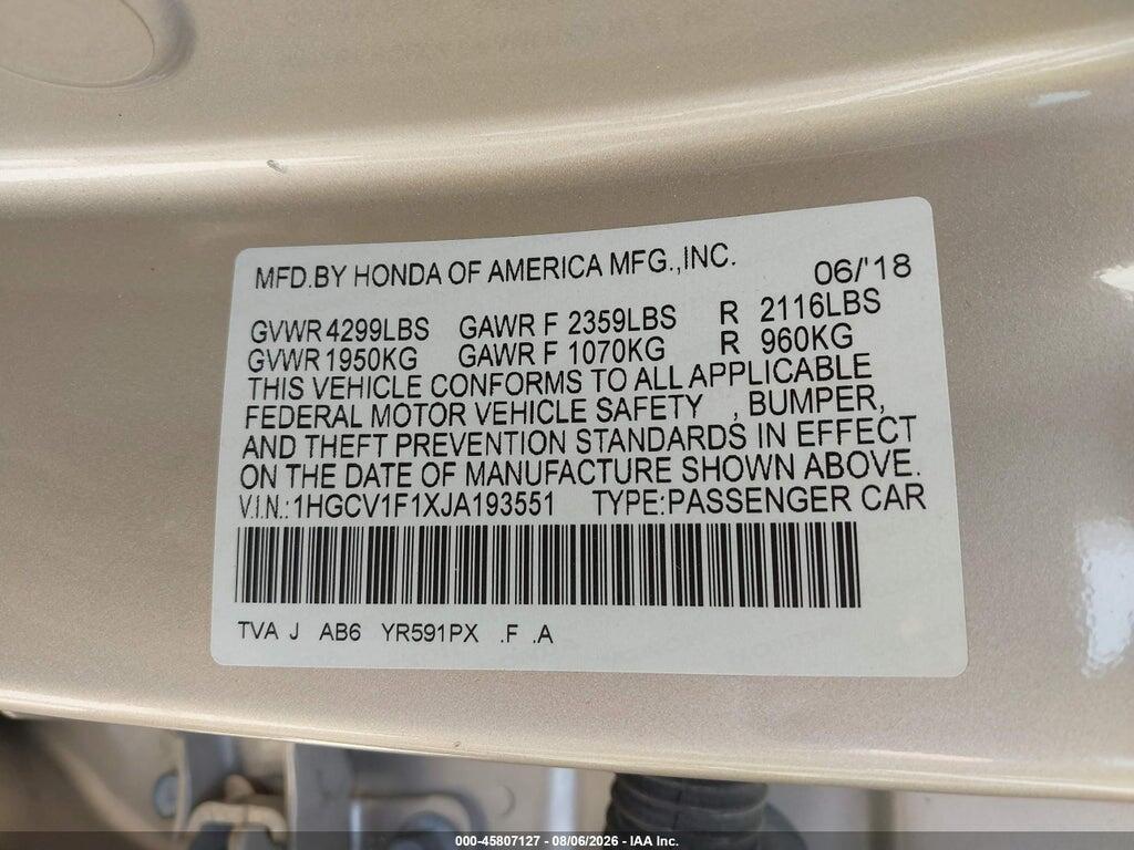 1HGCV1F1XJA193551 2018 HONDA ACCORD photo no. 9