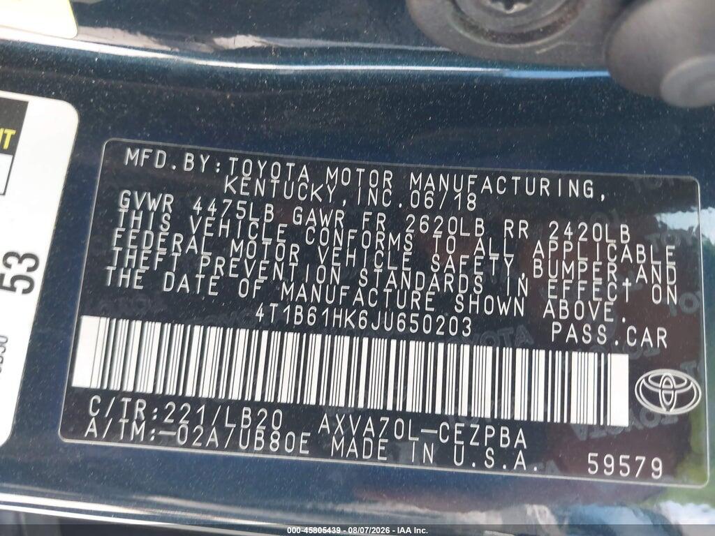 4T1B61HK6JU650203 2018 TOYOTA CAMRY photo no. 9