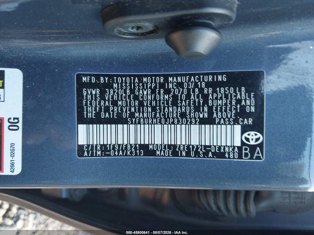 5YFBURHE0JP830292 2018 TOYOTA COROLLA photo no. 9