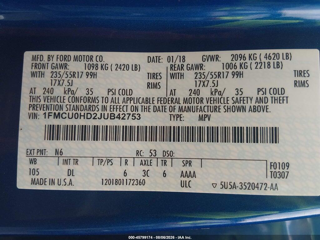 1FMCU0HD2JUB42753 2018 FORD ESCAPE photo no. 9