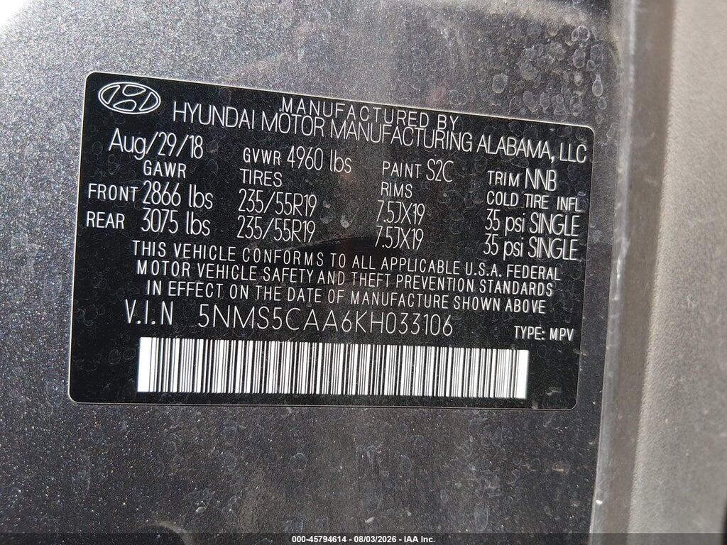 5NMS5CAA6KH033106 2019 HYUNDAI SANTA FE photo no. 9