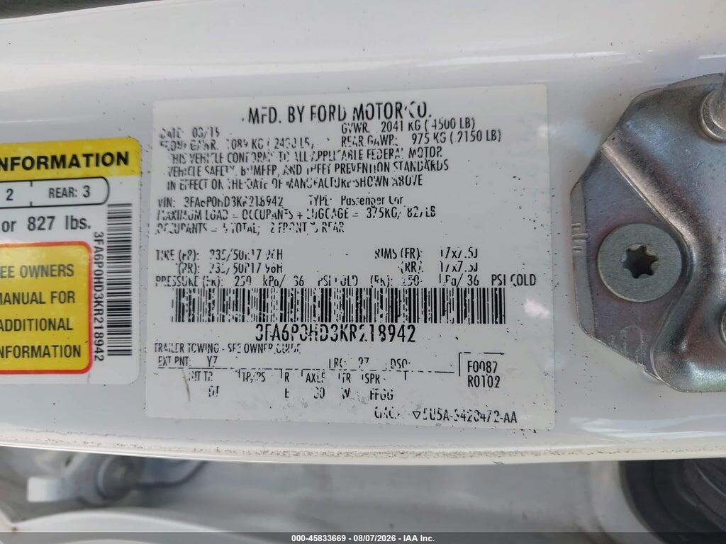 3FA6P0HD3KR218942 2019 FORD FUSION photo no. 9