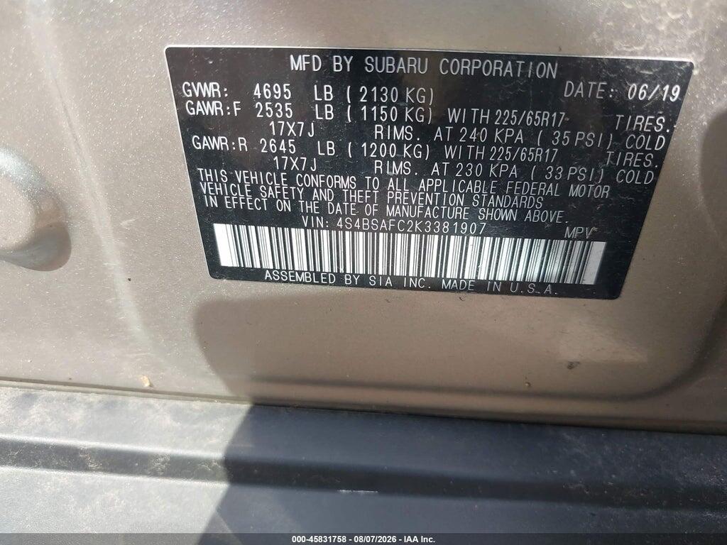 4S4BSAFC2K3381907 2019 SUBARU OUTBACK photo no. 9