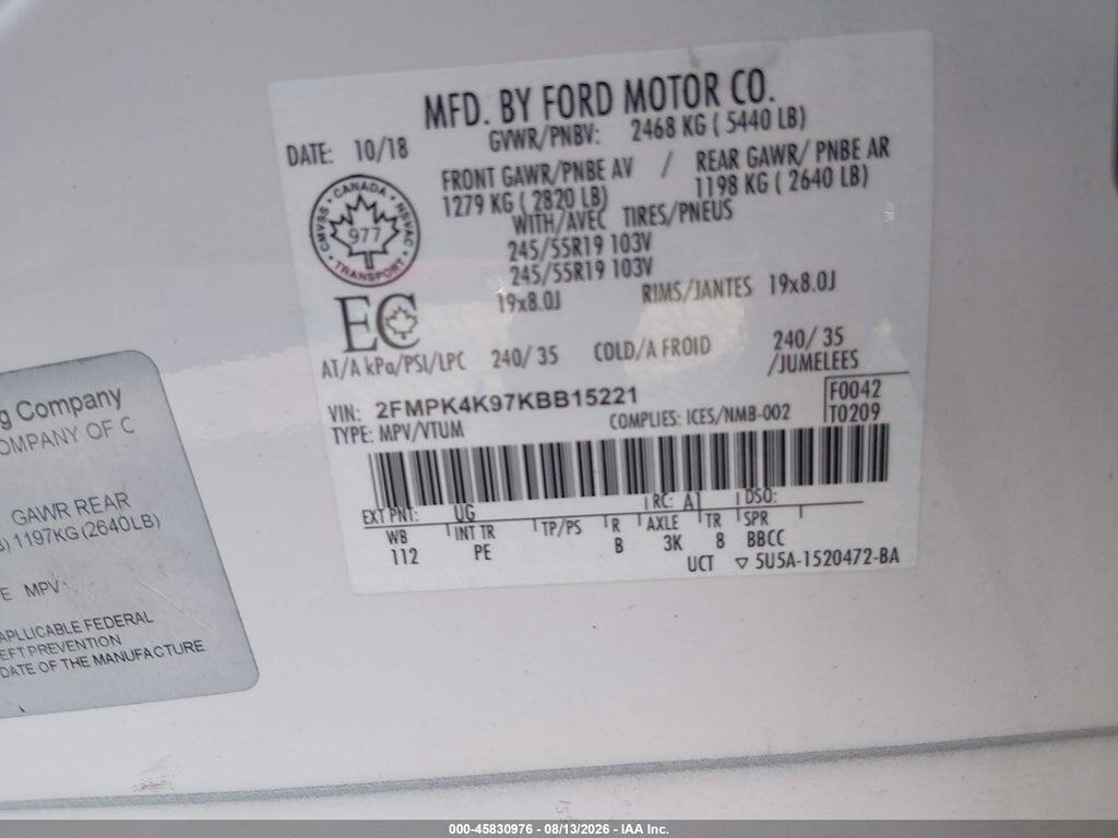 2FMPK4K97KBB15221 2019 FORD EDGE photo no. 9