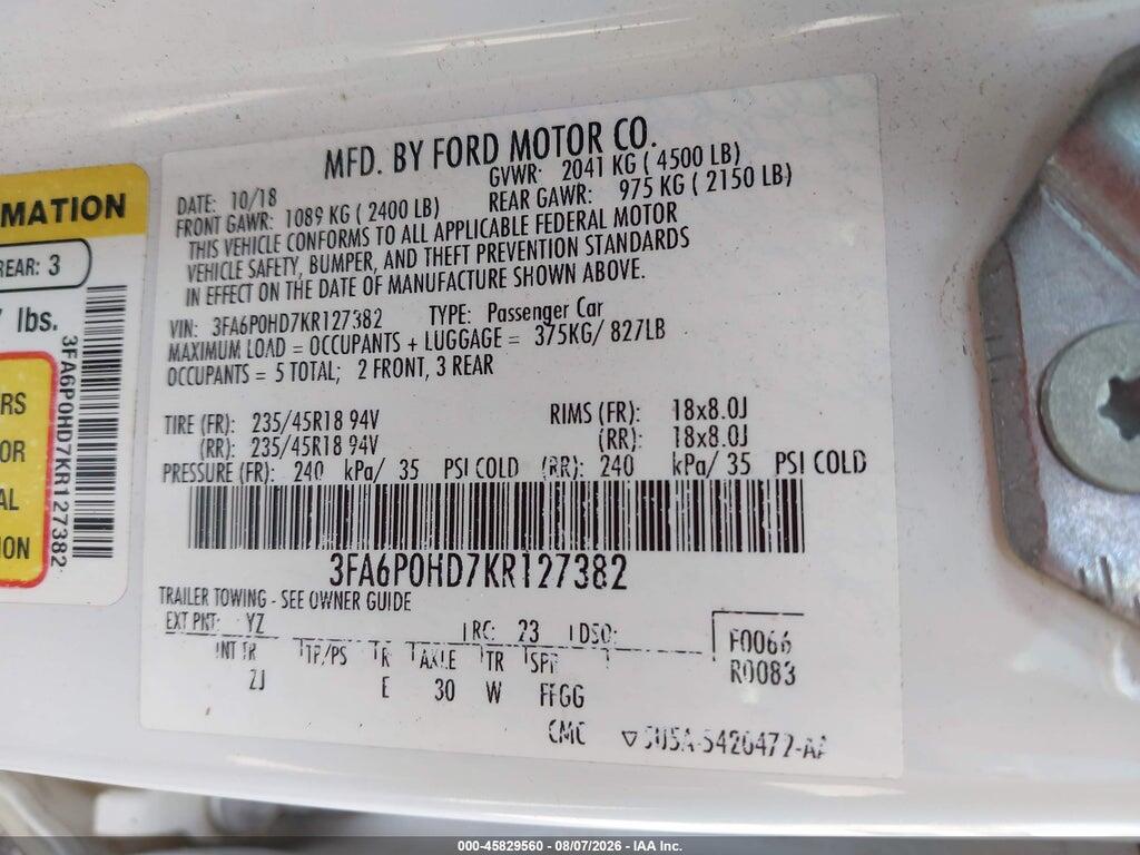3FA6P0HD7KR127382 2019 FORD FUSION photo no. 9