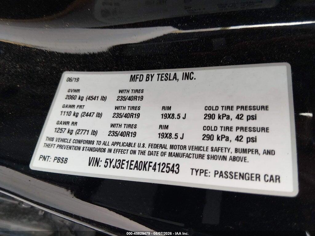 5YJ3E1EA0KF412543 2019 TESLA MODEL 3 photo no. 9