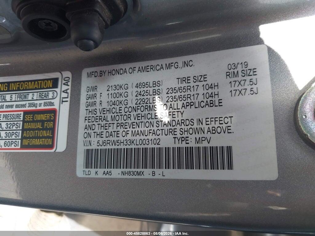 5J6RW5H33KL003102 2019 HONDA CR-V photo no. 9